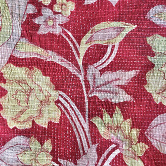  quilt kantha vintage katoen 15- koraalroze/mosterd/rood/zwart