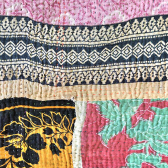  VERKOCHT- quilt kantha vintage katoen 18- paars/geel met patchwork