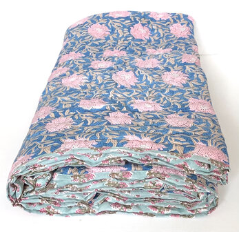 deken quilt tweepersoons reversible blockprint 4- petrolblauw/roze-turquoise