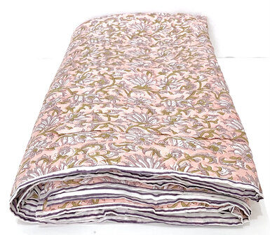 deken quilt tweepersoons reversible blockprint 6- pastel roze-vergrijsd lila/ streepje paars