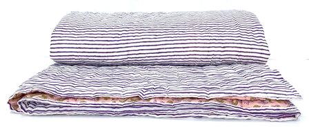 deken quilt tweepersoons reversible blockprint 6- pastel roze-vergrijsd lila/ streepje paars