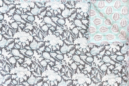 deken quilt tweepersoons reversible blockprint 7- donker blauw-grijs/aqua