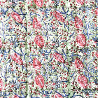 deken quilt tweepersoons reversible blockprint 11- bladgroen-rood/blauw