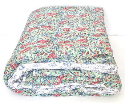 deken quilt tweepersoons reversible blockprint 11- bladgroen-rood/blauw