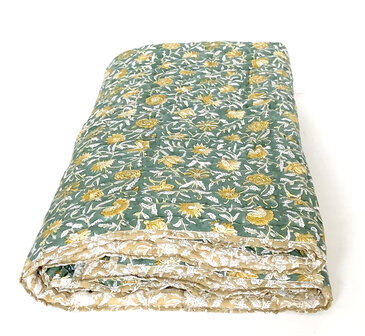 deken quilt eenpersoons reversible blockprint 1- groen/oker