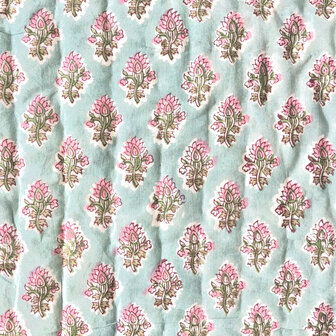 UITVERKOCHT- deken quilt eenpersoons reversible blockprint 4- petrolblauw/roze-turquoise