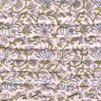 deken quilt eenpersoons reversible blockprint 6- pastel roze-vergrijsd lila/ streepje paars