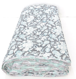 deken quilt eenpersoons reversible blockprint 7- donker blauw-grijs/aqua