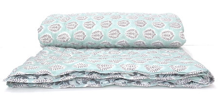 deken quilt eenpersoons reversible blockprint 7- donker blauw-grijs/aqua