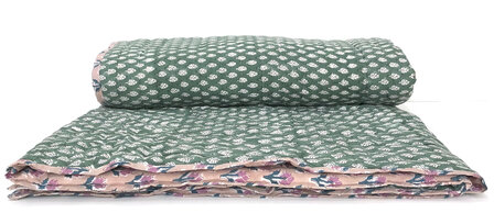 deken quilt eenpersoons reversible blockprint 9- oud roze/groen