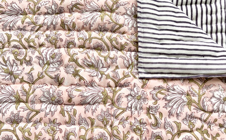 deken quilt tweepersoons reversible blockprint 6- pastel roze-vergrijsd lila/ streepje paars