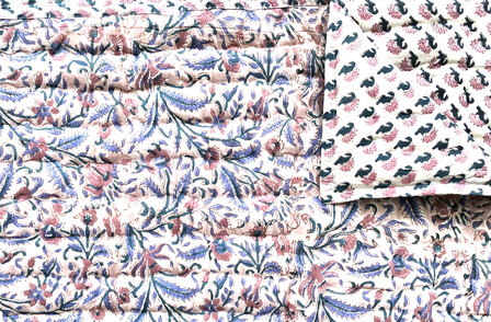 deken quilt eenpersoons reversible blockprint 2- oud roze-lavendelblauw