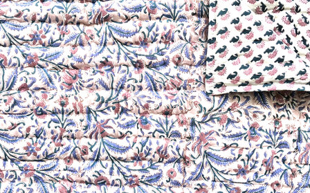 deken quilt tweepersoons reversible blockprint 2- oud roze-lavendelblauw