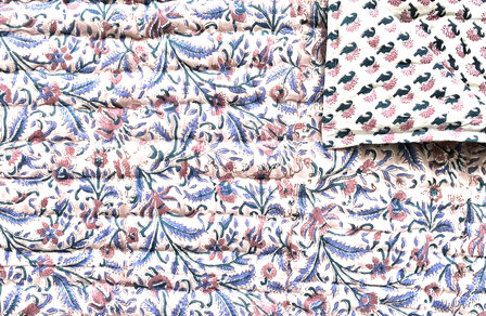 deken quilt eenpersoons reversible blockprint 2- oud roze-lavendelblauw