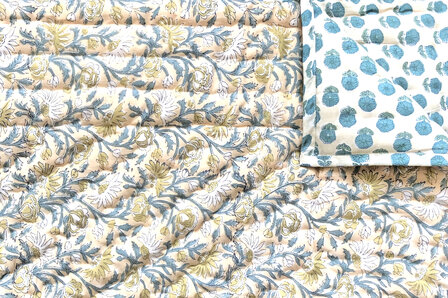 deken quilt kind reversible blockprint 4- beige-geel/donker turquoise