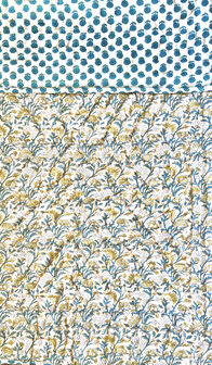 deken quilt kind reversible blockprint 4- beige-geel/donker turquoise