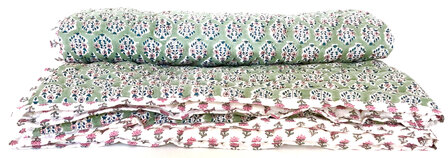 deken quilt kind reversible blockprint 6-groen/petrol/roze