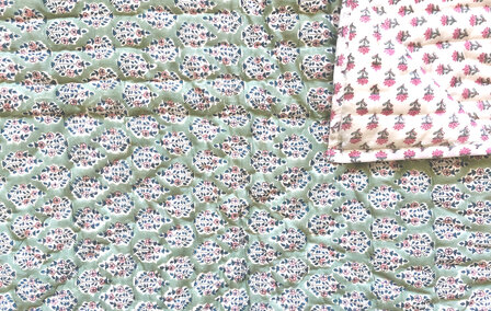 deken quilt kind reversible blockprint 6-groen/petrol/roze