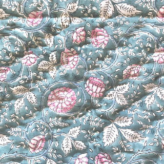 deken quilt kind reversible blockprint 7- petrol/roze