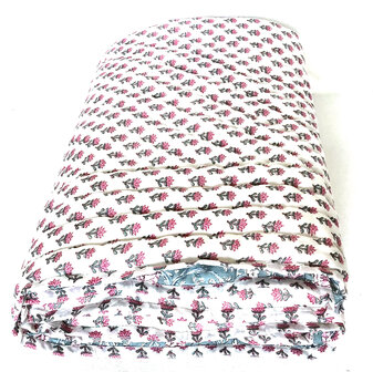 deken quilt kind reversible blockprint 7- petrol/roze