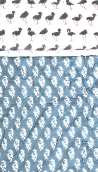 deken quilt kind reversible blockprint 2- blauw/grijs/vogels