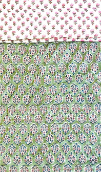 deken quilt kind reversible blockprint 6-groen/petrol/roze