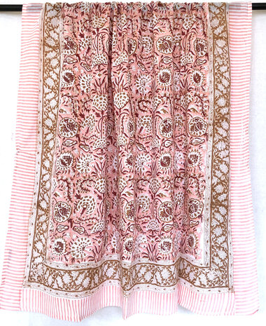 UITVERKOCHT- pareo/sarong/sjaal voilekatoen met hand-blockprint 8 roze/ bruin
