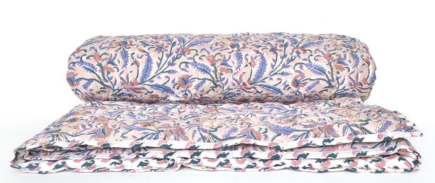 deken quilt tweepersoons reversible blockprint 2- oud roze-lavendelblauw