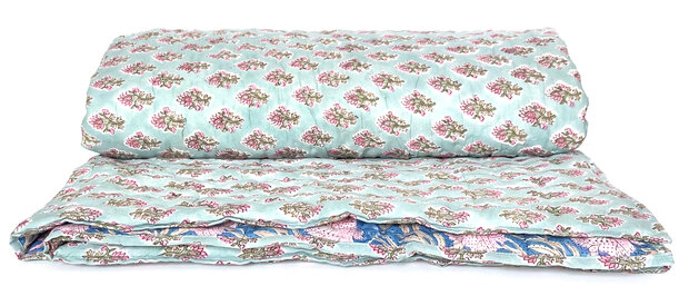 deken quilt tweepersoons reversible blockprint 4- petrolblauw/roze-turquoise