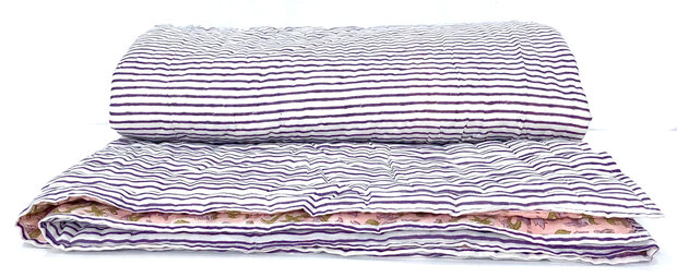 deken quilt tweepersoons reversible blockprint 6- pastel roze-vergrijsd lila/ streepje paars