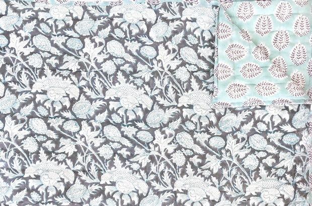 deken quilt tweepersoons reversible blockprint 7- donker blauw-grijs/aqua