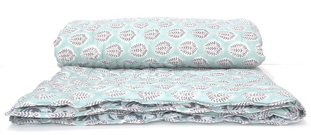 deken quilt tweepersoons reversible blockprint 7- donker blauw-grijs/aqua