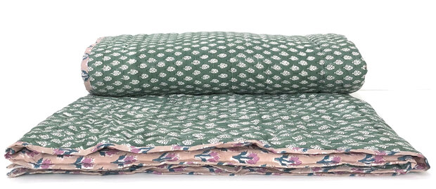 deken quilt tweepersoons reversible blockprint 9- oud roze/groen