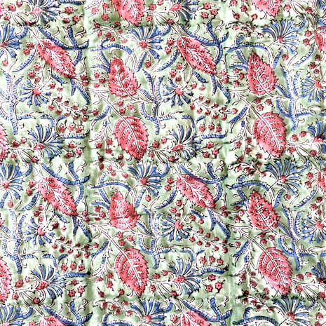 deken quilt tweepersoons reversible blockprint 11- bladgroen-rood/blauw