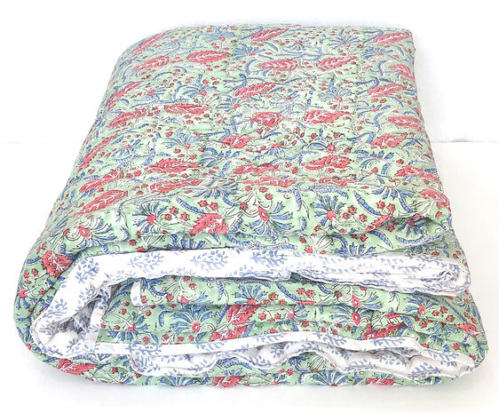 deken quilt tweepersoons reversible blockprint 11- bladgroen-rood/blauw