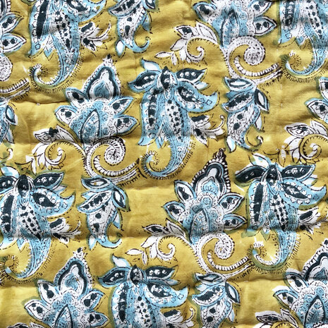 deken quilt eenpersoons reversible blockprint 3- mosterdgeel- turquoise