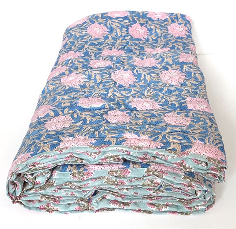 UITVERKOCHT- deken quilt eenpersoons reversible blockprint 4- petrolblauw/roze-turquoise