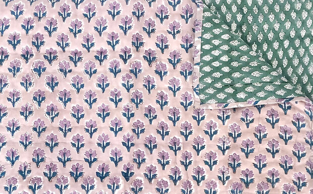 deken quilt eenpersoons reversible blockprint 9- oud roze/groen