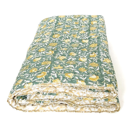 deken quilt eenpersoons reversible blockprint 1- groen/oker