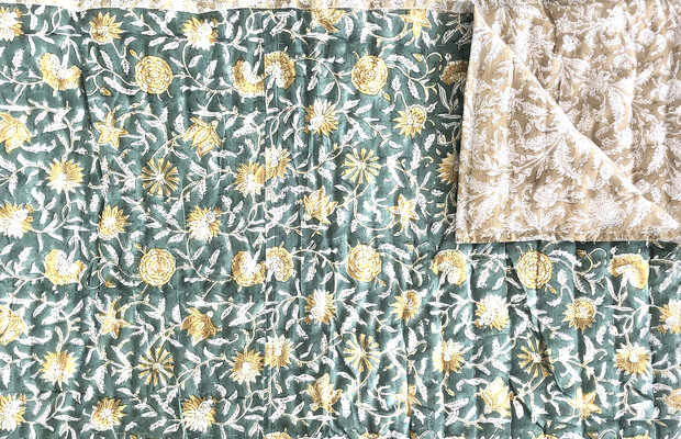 deken quilt eenpersoons reversible blockprint 1- groen/oker