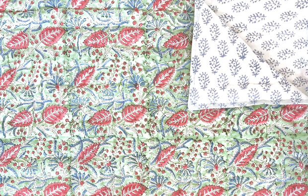 deken quilt tweepersoons reversible blockprint 11- bladgroen-rood/blauw