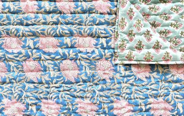 UITVERKOCHT- deken quilt eenpersoons reversible blockprint 4- petrolblauw/roze-turquoise