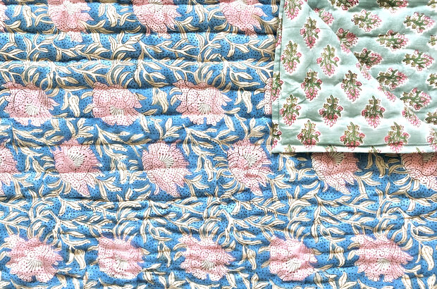 deken quilt tweepersoons reversible blockprint 4- petrolblauw/roze-turquoise