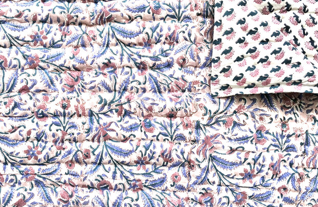 deken quilt tweepersoons reversible blockprint 2- oud roze-lavendelblauw