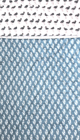 deken quilt kind reversible blockprint 2- blauw/grijs/vogels