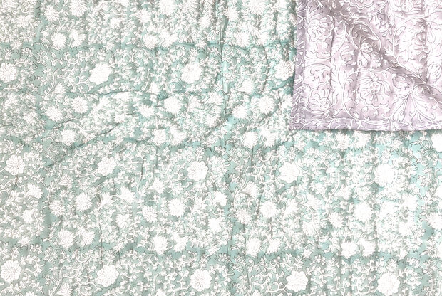 deken quilt kind reversible blockprint 3- vergrijsd lavendel lila/aquagroen