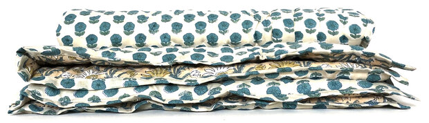 deken quilt kind reversible blockprint 4- beige-geel/donker turquoise