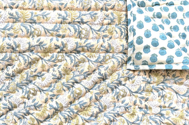 deken quilt kind reversible blockprint 4- beige-geel/donker turquoise