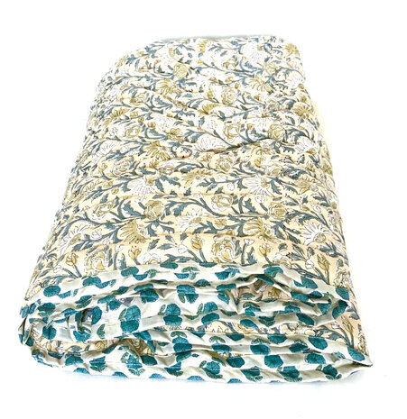 deken quilt kind reversible blockprint 4- beige-geel/donker turquoise