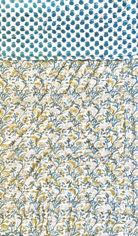 deken quilt kind reversible blockprint 4- beige-geel/donker turquoise